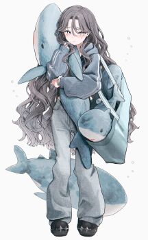 1girl blue_bag blue_shirt blush brown_hair brown_shoes closed_eyes commentary denim full_body hair_between_eyes highres holding holding_stuffed_toy ikea_shark jeans long_hair long_sleeves looking_at_viewer original pants shirt shoes simple_background solo standing stuffed_animal stuffed_shark stuffed_toy symbol-only_commentary takaya_riku too_many very_long_hair wavy_hair white_background
