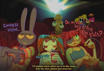 2boys 4girls animal_ears black_eyes blue_eyes blush brown_hair chess_piece colored_skin colored_teeth cup disposable_cup drinking drinking_straw eating english_text food gangle_(the_amazing_digital_circus) green_eyes hand_on_own_knee hand_up hat highres holding holding_cup jax_(the_amazing_digital_circus) king_(chess) kinger_(the_amazing_digital_circus) knee_up looking_up mask midriff movie_theater multicolored_eyes multiple_boys multiple_girls pink_hair pomni_(the_amazing_digital_circus) popcorn purple_skin rabbit_boy rabbit_ears ragatha_(the_amazing_digital_circus) raised_eyebrows red_eyes red_shirt shirt short_hair slurping striped_clothes striped_shirt sun_hat the_amazing_digital_circus two-tone_eyes two-tone_shirt yellow_hat yellow_shirt yellow_skin yellow_teeth zooble_(the_amazing_digital_circus)