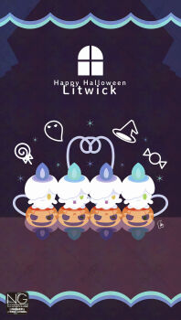 alternate_color candle candy closed_mouth fire food full_body gen_5_pokemon ghost green_eyes halloween highres jack-o&#039;-lantern litwick lollipop looking_at_viewer meme_(sleepsheep) nintendo no_humans pokemon pokemon_(creature) pokemon_focus pumpkin purple_fire reflection shiny_pokemon smile swirl_lollipop tongue tongue_out yellow_eyes