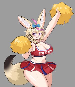 1girl alternate_breast_size_(larger) alternate_costume animal_ear_fluff animal_ears blonde_hair blue_bow bow braid breasts cheerleader cleavage crop_top fox_ears fox_girl fox_tail hair_between_eyes hair_ornament heart heart-shaped_pupils highres hololive large_breasts midriff navel omaru_polka open_mouth peagade plump pom_pom_(cheerleading) simple_background skirt smile sweatdrop symbol-shaped_pupils tail thick_thighs thighs virtual_youtuber wide_hips