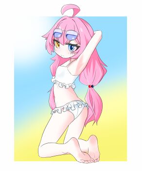 1girl absurdres barefoot blue_archive blue_eyes blush eyewear_on_head feet heterochromia highres hoshino_(blue_archive) hoshino_(swimsuit)_(blue_archive) long_hair looking_at_viewer pink_hair smile soles swimsuit tinted_eyewear toes xiao_you_ovo yellow_eyes