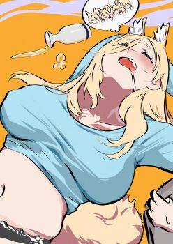 1boy 360_(taiyo360) 3girls absurdres alternate_costume animal_ear_fluff animal_ears arknights arms_up black_panties blemishine_(arknights) blonde_hair blue_shirt blush breasts breasts_apart chibi chibi_inset closed_eyes commentary_request dreaming drooling drunk eyes_visible_through_hair hair_over_one_eye highres horse_ears horse_girl horse_tail large_breasts long_hair mlynar_(arknights) multiple_girls navel nearl_(arknights) open_mouth panties saliva shirt skindentation sleeping solo_focus spilling tail tokkuri underwear upper_body whislash_(arknights)