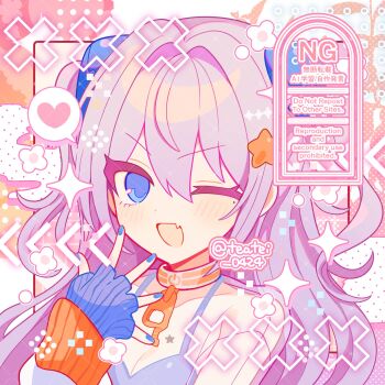 1girl ;d blue_eyes blue_gloves blue_nails blush breasts character_request cleavage commentary_request commission dot_nose fang fingerless_gloves gloves hair_between_eyes hair_intakes hand_up highres indie_virtual_youtuber long_hair looking_at_viewer medium_breasts nail_polish one_eye_closed open_mouth portrait purple_hair shirocha_tei shirt skeb_commission skin_fang sleeveless sleeveless_shirt smile solo twitter_username virtual_youtuber watermark white_shirt zipper