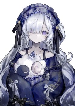 1girl absurdres black_ribbon blue_dress blue_hairband blunt_bangs blush bow closed_mouth commentary dress elbow_carry empty_eyes frilled_hairband frills gothic_lolita grey_hair hair_over_one_eye hairband hands_up highres holding holding_stuffed_toy jewelry lace lace-trimmed_dress lace-trimmed_hairband lace_trim lolita_fashion lolita_hairband long_hair looking_at_viewer mahou_shoujo_no_majo_saiban natsume_an-an necklace off-shoulder_dress off_shoulder purple_eyes ribbon sleeve_bow sleeves_past_fingers sleeves_past_wrists solo stuffed_animal stuffed_sheep stuffed_toy symbol-only_commentary tsuyumikan upper_body very_long_hair white_bow wide_sleeves
