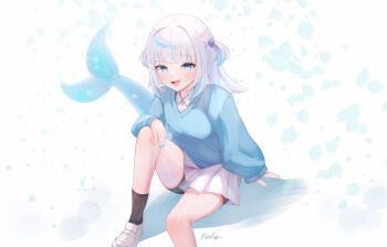 Rule 34 | 1girl, :d, abstract background, absurdres, artist name, bike shorts, black shorts, blue background, blue eyes, blue hair, blue nails, blue sweater, blunt bangs, boots, breasts, commentary, english commentary, fins, fish tail, foot out of frame, gawr gura, hair ornament, highres, hololive, hololive english, loafers, looking at viewer, medium hair, miniskirt, multicolored hair, official alternate costume, open mouth, pleated skirt, psypolo d, shark girl, shark hair ornament, shark tail, sharp teeth, shirt, shoes, short shorts, short twintails, shorts, signature, sitting, skirt, small breasts, smile, solo, streaked hair, sweater, tail, teeth, tongue, tongue out, twintails, upper teeth only, virtual youtuber, white background, white boots, white hair, white shirt, white skirt