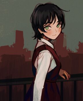 Rule 34 | 1girl, arm support, black hair, blouse, cityscape, eri (sayonara eri), eyelashes, green eyes, io (onisarashi), long sleeves, looking at viewer, rooftop, sayonara eri, school uniform, shirt, short hair, smile, solo, standing, white shirt