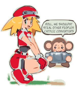 1girl :3 :d bike_shorts bike_shorts_under_shorts black_bodysuit blonde_hair bodysuit bodysuit_under_clothes newsboy_cap catalytic_converter cropped_jacket data_(mega_man) english_text full_body gloves green_eyes hands_on_own_knees hat highres jacket linesharkart long_hair mega_man_(series) mega_man_legends_(series) open_mouth red_gloves red_hat red_jacket red_shorts roll_caskett_(mega_man) shorts simple_background sketch smile solo speech_bubble squatting thighs white_background