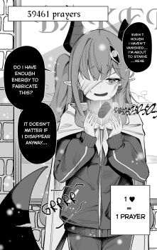 Rule 34 | 1girl, absurdres, bags under eyes, bandage over one eye, clover dot (clov erd), commentary, cowboy shot, english commentary, english text, greyscale, highres, horns, hungry, jacket, long hair, long sleeves, looking down, monochrome, nervous smile, one eye covered, original, pointy ears, smile, solo, speech bubble, sweatdrop, track jacket