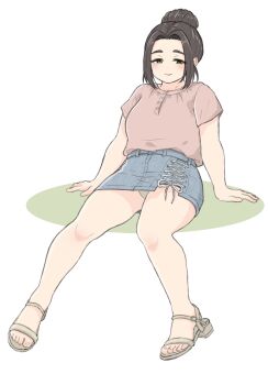 1girl blue_skirt breasts commentary_request curvy denim denim_skirt ebihara_naho full_body green_panties hair_bun highres idolmaster idolmaster_cinderella_girls large_breasts noe_aoikaba panties pantyshot pink_shirt sandals shirt single_hair_bun sitting skirt smile solo underwear