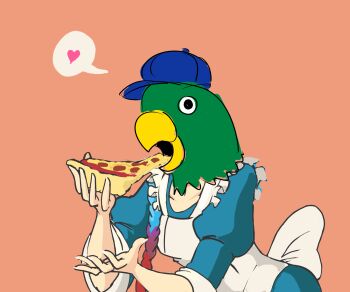 Rule 34 | 1girl, apron, baseball cap, bird mask, davewaterfalls, dragon girl, eating, fire emblem, fire emblem fates, food, hat, heart, lilith (fire emblem), looking at viewer, maid, maid apron, mask, nintendo, pizza, simple background, solo, speech bubble, unfinished