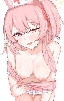 1girl absurdres blue_archive blush breasts clothes_pull commentary_request dress dress_pull halo hanging_breasts hat heart highres large_breasts looking_at_viewer navel nipples nurse nurse_cap official_alternate_costume pink_dress pink_eyes pink_hair pulling_own_clothes serina_(blue_archive) serina_(nurse)_(blue_archive) side_ponytail simple_background sk_(sk1202) smile solo spoken_heart white_background yellow_halo