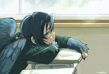 Rule 34 | 1boy, aki (korisumochi), bird wings, blue eyes, blue feathers, blue hair, blue wings, classroom, commentary request, desk, feathered wings, feathers, fingernails, gakuran, harpy boy, highres, indoors, korisumochi, looking at viewer, low ponytail, male focus, monster boy, original, paper, pen, ponytail, school desk, school uniform, sharp fingernails, short hair, sitting, solo, sunlight, upper body, window, wings