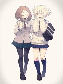 2girls backpack bag black_bag black_pantyhose black_shoes blonde_hair blue_sailor_collar blue_skirt blue_socks blunt_bangs boku_no_hero_academia brown_hair closed_eyes collared_shirt double_bun full_body grey_jacket hair_bun highres hk_(nt) jacket loafers looking_at_another medium_hair messy_hair multiple_girls necktie open_mouth pantyhose pink_bag pleated_skirt red_necktie sailor_collar school_uniform shirt shoes shoulder_bag skirt smile socks sweater toga_himiko u.a._school_uniform uraraka_ochako white_background white_shirt yellow_eyes yellow_sweater