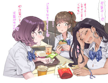 black_hair blue_bow blue_bowtie blush bow bowtie brown_hair burger button_gap commentary_request cup diagonal-striped_bow diagonal-striped_bowtie diagonal-striped_clothes disposable_cup dress_shirt fingernails food hamedoragon hina_(hamedoragon) holding holding_burger holding_food hoop looking_at_another loose_bowtie mcdonald's miharu_(hamedoragon) mole mole_under_eye nail_polish open_collar original purple_hair saki_(hamedoragon) school_uniform shirt sitting striped_bow striped_bowtie striped_clothes sweatdrop tan translation_request upper_body white_shirt