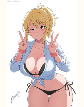 1girl absurdres alterrealzero arms_up bikini black_bikini blonde_hair breasts cleavage collarbone collared_shirt commentary_request double_v highres large_breasts long_sleeves love_live! love_live!_nijigasaki_high_school_idol_club medium_hair miyashita_ai nail_polish navel one_eye_closed orange_eyes ponytail scrunchie shirt side-tie_bikini_bottom signature simple_background smile solo stomach swimsuit thigh_gap tied_shirt twitter_username v white_background white_shirt wide_hips wrist_scrunchie