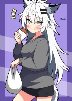 1girl absurdres alternate_costume animal_ears arknights bag black_shorts breasts commentary_request eating food grey_eyes hair_ornament hendra highres holding holding_food lappland_(arknights) long_hair long_sleeves looking_at_viewer medium_breasts shorts solo sweater tail white_hair wolf_ears wolf_tail