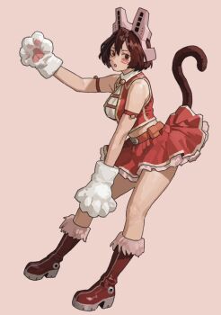 1girl animal_ears animal_hands boku_no_hero_academia boots breasts brown_eyes cat_tail commentary crop_top facial_mark fake_animal_ears from_side full_body gloves h4sh1rnoto hair_between_eyes headgear highres large_breasts mandalay_(boku_no_hero_academia) midriff open_mouth paw_gloves pink_background red_boots red_skirt skirt sleeveless solo standing tail whisker_markings