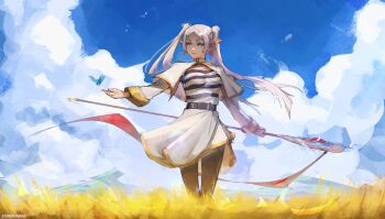 1girl absurdres artist_name belt black_pantyhose bug butterfly capelet closed_mouth cloud commentary day dress earrings elf english_commentary frieren grass green_eyes grey_hair highres holding holding_behind_back holding_staff insect jewelry long_hair long_sleeves looking_to_the_side mage_staff outdoors pantyhose pointy_ears sky solo sousou_no_frieren staff standing stephengiannart teardrop_earrings twintails white_capelet white_dress