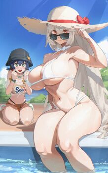 2girls alexandrina_sebastiane alternate_costume belle_(summer_skies)_(zenless_zone_zero) belle_(zenless_zone_zero) bikini black_hat blue_hair blush breasts bucket_hat commentary green_eyes grey_hair hat highres large_breasts long_hair looking_at_viewer multiple_girls navel official_alternate_costume orange_bikini orange_shorts poolside red_eyes roro_(tpghksdlzpq) see-through_clothes see-through_shirt seiza shirt shorts sitting smile stomach straw_hat sunglasses swimsuit white_bikini white_shirt zenless_zone_zero