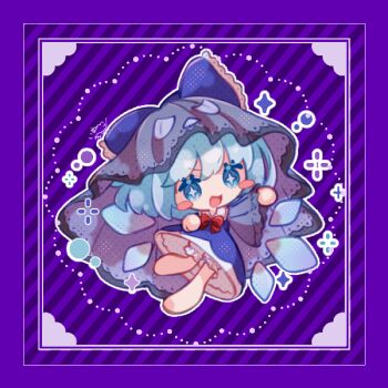 1girl :d barefoot bloomers blue_bow blue_dress blue_eyes blue_hair blush_stickers bow bowtie chibi chibi_only cirno commentary_request diagonal-striped_background dress frilled_bow frills full_body hair_bow ice ice_wings inukkomaru long_sleeves looking_at_viewer open_mouth outline purple_background red_bow red_bowtie short_hair smile solo sparkle striped_background touhou underwear white_bloomers white_outline wide_sleeves wings