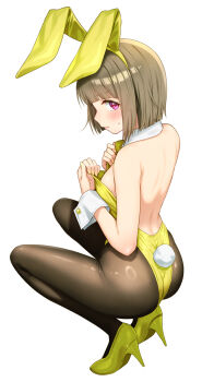 1girl adjusting_clothes alternate_costume animal_ear_hairband animal_ears back backless_leotard bare_back bare_shoulders black_pantyhose blush bob_cut breasts brown_hair brown_pantyhose cleavage commentary_request detached_collar fake_animal_ears fake_tail from_behind full_body hairband high_heels highleg highleg_leotard highres leotard looking_at_viewer looking_back love_live! love_live!_nijigasaki_high_school_idol_club love_live!_school_idol_project nakasu_kasumi pantyhose pink_eyes playboy_bunny purple_eyes rabbit_ear_hairband rabbit_ears rabbit_tail sankuro_(agoitei) shoes short_hair sideboob simple_background small_breasts solo squatting strapless strapless_leotard tail white_background wrist_cuffs yellow_leotard yellow_shoes