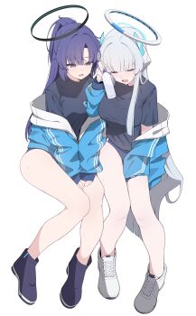 2girls black_buruma black_shirt blue_archive blue_jacket blue_shoes bottle breasts buruma closed_eyes commentary cosplay grey_hair halo hand_up highres holding holding_bottle invisible_chair jacket jacket_partially_removed large_breasts long_hair matching_outfits mechanical_halo multiple_girls noa_(blue_archive) open_mouth ponytail purple_eyes purple_hair shirt shiwa_(siwaa0419) shoes short_sleeves simple_background sitting sneakers star_(symbol) star_sticker sticker sticker_on_face sweat symbol-only_commentary t-shirt water_bottle white_background white_shoes yuuka_(blue_archive) yuuka_(blue_archive)_(cosplay) yuuka_(track)_(blue_archive)