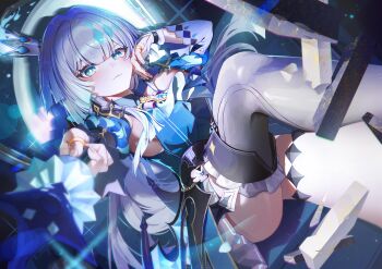 Rule 34 | 1girl, absurdres, artist name, asymmetrical legwear, bare shoulders, black background, blue eyes, blue fire, blue hair, blue trim, blunt bangs, blunt ends, bright pupils, cerydra (honkai: star rail), closed mouth, collared dress, commentary, crossed legs, crown, detached sleeves, diamond-shaped pupils, diamond (shape), diamond hair ornament, dress, dutch angle, fire, gold trim, gradient hair, grey thighhighs, hair intakes, hand on own cheek, hand on own face, hand up, highres, holding, holding scepter, honkai: star rail, honkai (series), jelmul, jewelry, knee up, lens flare, light particles, long sleeves, looking at viewer, mini crown, mismatched legwear, multicolored hair, pointing, pointing at viewer, ring, scepter, single thighhigh, sitting, solo, sparkle, symbol-shaped pupils, thighhighs, thighs, white hair, white pupils