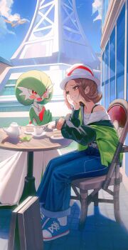 1girl blush brown_eyes brown_hair cafe chair closed_mouth coffee_pot colored_skin commentary_request cup gardevoir gen_3_pokemon green_hair green_jacket green_skin hair_over_one_eye harmony_(pokemon) hat highres jacket kerno long_sleeves mega_ring mega_stone multicolored_skin nintendo open_clothes open_jacket open_mouth pants pokemon pokemon_(creature) pokemon_legends:_z-a red_eyes shirt short_hair sitting smile striped_hat table two-tone_skin white_hat white_shirt white_skin