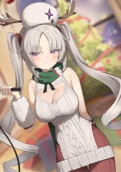 1girl absurdres antlers bare_shoulders blurry blurry_background breasts christmas_tree ciza_gomi cleavage cleavage_cutout clothing_cutout commentary_request cowboy_shot dress dutch_angle fang fang_out fur_hat green_scarf grey_hair hair_ornament hair_scrunchie hat highres holding holding_whip horned_hat horns indoors knit_dress knit_pantyhose knit_sweater large_breasts laru_(snowish)_(stella_sora) laru_(stella_sora) long_hair looking_at_viewer pantyhose papakha parted_bangs purple_eyes red_pantyhose red_scrunchie scarf scrunchie short_dress skin_fang sleeveless sleeveless_dress solo stella_sora sweater sweater_dress twintails very_long_hair white_dress white_hat white_sweater