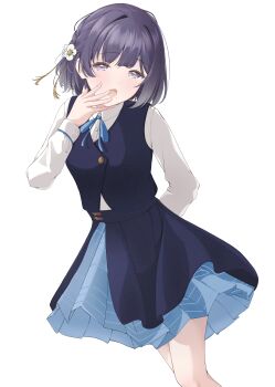 Rule 34 | 1girl, absurdres, braid, commentary request, flower ornament, gakuen idolmaster, grey eyes, hataya misuzu, hatsuboshi gakuen school uniform, highres, hime cut, idolmaster, kirishima (rxhr3422), light blush, open mouth, purple hair, school uniform, shirt, short hair, white background