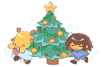 1girl 1other antlers blonde_hair blue_shirt blue_shorts brown_hair christmas_ornaments christmas_tree colored_skin deer_antlers deer_girl deer_tail double_horizontal_stripe frisk_(undertale) furry furry_female gaida hooves horns low_twintails noelle_holiday robe shirt shoes shorts star_(symbol) striped_clothes striped_shirt tail twintails undertale utdr_(toby_fox) white_robe yellow_skin