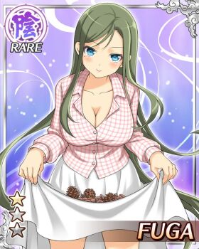 1girl blue_eyes border breasts card_(medium) character_name checkered_clothes checkered_shirt cleavage closed_mouth clothes_lift english_text fuga_(senran_kagura) game_cg green_hair holding_pinecone large_breasts leaning_forward lifting_own_clothes long_hair long_skirt looking_at_viewer mole mole_under_eye official_alternate_costume official_art pinecone senran_kagura senran_kagura_new_wave shirt skirt skirt_lift smile solo swept_bangs white_skirt