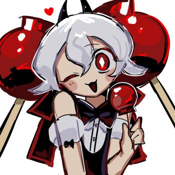 Rule 34 | 1girl, black bow, black bowtie, black dress, bow, bowtie, candy apple, candy apple cookie, candy apple hair ornament, cookie run, cookie run: kingdom, dress, food, hair ornament, highres, humanization, looking at viewer, ni (pixiv id 103431682), puffy sleeves, red eyes, short hair, simple background, smile, white hair