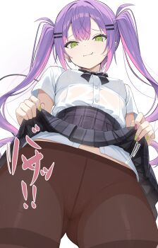 1girl absurdres alternate_costume black_bow black_bowtie black_pantyhose black_skirt bow bowtie breasts closed_mouth clothes_lift collared_shirt colored_inner_hair commentary_request demon_girl demon_tail double-parted_bangs earrings fang gluteal_fold gradient_hair green_eyes green_nails hair_between_eyes hair_ornament hairclip high-waist_skirt highres hololive jewelry long_hair looking_at_viewer miniskirt multicolored_hair nail_polish nekonosuke paid_reward_available pantyhose parallel_hairclips pink_hair plaid_clothes plaid_skirt pleated_skirt pointy_ears purple_hair purple_nails shirt shirt_tucked_in short_sleeves simple_background skirt skirt_lift small_breasts smile solo tail tokoyami_towa twintails upskirt virtual_youtuber white_background white_shirt