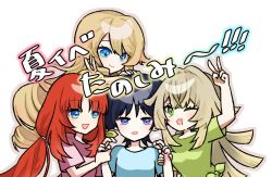 1boy 3girls alternate_costume arm_up arms_on_head blue_eyes blue_shirt blue_sleeves blunt_bangs blunt_ends blunt_tresses brown_hair brown_outline canca37g casual closed_mouth contemporary crossed_bangs curled_fingers drill_hair eyelashes genshin_impact girl_sandwich green_eyes green_shirt green_sleeves half-closed_eyes harem heads_together holding_another&#039;s_wrist kirara_(genshin_impact) long_hair looking_at_another looking_at_viewer low_twintails multiple_girls navia_(genshin_impact) nilou_(genshin_impact) one_eye_closed open_mouth outline parted_bangs pink_shirt pink_sleeves purple_eyes red_hair sandwiched scaramouche_(genshin_impact) shirt short_sleeves sidelocks smile translation_request tsurime twintails v white_background wispy_bangs