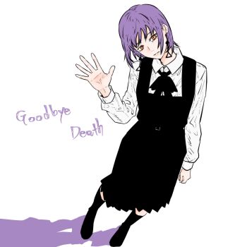 1girl black_dress black_ribbon chainsaw_man closed_mouth collared_shirt death_devil_(chainsaw_man) dress fami_(chainsaw_man) fourth_east_high_school_uniform head_tilt highres isuke_(isuke_now) long_sleeves neck_ribbon pinafore_dress purple_eyes purple_hair ribbon school_uniform shadow shirt sleeveless sleeveless_dress solo waving white_shirt