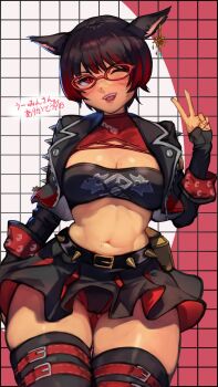1girl ;d animal_ears belt black_belt black_hair black_jacket black_skirt black_thighhighs breasts burnice_white burnice_white_(cosplay) character_request cleavage commentary_request commission copyright_request cosplay crop_top earrings glasses gluteal_fold grid_background hand_up highres jacket jewelry long_sleeves looking_at_viewer medium_breasts midriff miniskirt mole mole_on_stomach multicolored_hair navel one_eye_closed open_clothes open_jacket open_mouth r123 red-framed_eyewear red_background red_belt red_eyes red_hair short_hair skeb_commission skirt smile solo spiked_belt spiked_jacket spiked_sleeves stomach streaked_hair teeth thigh_belt thigh_strap thighhighs translation_request two-tone_background two-tone_hair upper_teeth_only v white_background zenless_zone_zero