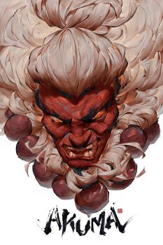 Rule 34 | 1boy, absurdres, akuma (street fighter), angry, bead necklace, beads, character name, colored skin, highres, jewelry, long hair, male focus, necklace, patrick ganas, portrait, red skin, solo, street fighter, teeth, white background, white hair
