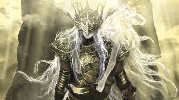 2boys absurdres armor asaki_(asaki_vision) blonde_hair carrying colored_skin commentary_request company_connection crossover dark_souls_(series) dark_souls_iii elden_ring elden_ring:_shadow_of_the_erdtree fromsoftware helmet highres in-universe_location long_hair lorian_(elder_prince) male_focus miquella_(elden_ring) multiple_boys piggyback sunlight trap wavy_hair white_hair white_skin