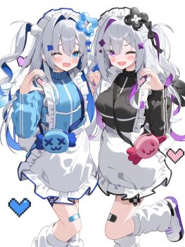 2girls :3 amane_kanata amane_konata angel_wings apron bandaid bandaid_on_leg black_jacket black_wings blue_hair blue_jacket blush breasts colored_inner_hair frilled_apron frilled_hairband frills grey_hair hair_between_eyes hair_intakes hair_ornament hairband heart heart_hands heart_hands_duo highres holding_hands hololive jacket jersey_maid leg_warmers long_hair long_sleeves looking_at_viewer maid maid_apron maid_headdress medium_breasts multicolored_hair multiple_girls open_mouth purple_hair simple_background smile unconventional_maid very_long_hair virtual_youtuber white_apron white_background white_wings wings x_x yoru_no_yayoi