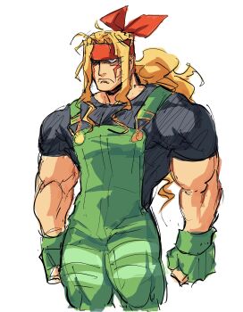 Rule 34 | 1boy, alex (street fighter), black shirt, blonde hair, closed mouth, commentary, crew neck, english commentary, facial mark, fingerless gloves, frown, gloves, green gloves, green overalls, hair intakes, highres, lemon1034, long hair, male focus, muscular, muscular male, overalls, ponytail, shirt, short sleeves, sketch, solo, standing, street fighter, street fighter iii (series)