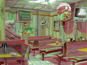 air_conditioner alien arcade_cabinet ceiling ceiling_fan ceiling_light chair crt cup diner fluorescent_lamp heartslob highres indoors interior mug napkin_holder no_humans original pepper_shaker picture_frame plate salt_shaker scenery stuffed_toy table traffic_mirror ufo wide_shot