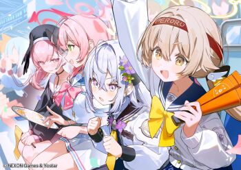 Rule 34 | 6+girls, ashima (roro046), azusa (blue archive), black wings, blue archive, brown eyes, brown hair, cheering, commentary request, flower, green eyes, hair between eyes, hair flower, hair ornament, hairband, halo, hanako (blue archive), hifumi (blue archive), koharu (blue archive), long sleeves, looking at another, looking to the side, make-up work club (blue archive), multiple girls, official art, open mouth, outdoors, pink eyes, pink hair, pink halo, purple eyes, red halo, school uniform, sitting, smile, white hair, white halo, wings