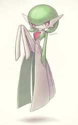 Rule 34 | artist name, bob cut, colored skin, creatures (company), dress, floating, game freak, gardevoir, gen 3 pokemon, green hair, highres, looking at viewer, multicolored skin, nintendo, pink eyes, pokemon, pokemon (creature), serious, simple background, totennko, two-tone skin, white dress, white skin