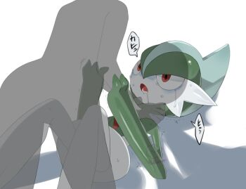 1boy 1other ariumu arm_blade colored_skin crying crying_with_eyes_open drop_shadow facing_another gallade gen_4_pokemon green_hair green_helmet hands_on_another's_arms hands_on_another's_neck helmet looking_at_another looking_up lying mohawk multicolored_skin nintendo on_back on_ground open_mouth out_of_frame pokemon pokemon_(creature) red_eyes saliva saliva_trail scared speech_bubble strangling streaming_tears struggling tearing_up tears transparent trembling two-tone_skin weapon white_background wide-eyed