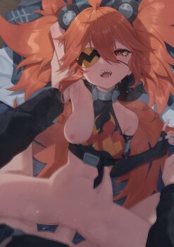 1boy 1girl absurdres armpits bare_shoulders black_gloves bottomless breasts bright_pupils crop_top elbow_gloves eyepatch fingerless_gloves flame_print gloves gueya hair_between_eyes hair_ornament hetero highres koleda_belobog loli long_hair long_sleeves looking_at_viewer lying missionary navel nipples on_back one_breast_out one_eye_covered open_mouth pov red_eyes red_hair sex sharp_teeth single_elbow_glove small_breasts solo_focus sphere_hair_ornament spread_legs sweat teeth uncensored upper_teeth_only vaginal white_pupils wise_(zenless_zone_zero) zenless_zone_zero