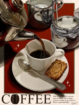 coffee coffee_pot commentary cookie cup english_text fine_9725 food food_focus highres no_humans original plate pouring red_background sparkle sugar_cube symbol-only_commentary teaspoon