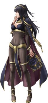 1girl 3d bangle black_hair blunt_bangs bodystocking book bracelet breasts bridal_gauntlets cape circlet cleavage covered_navel dark_mage_(fire_emblem_awakening) fire_emblem fire_emblem_awakening fire_emblem_warriors full_body hand_to_own_mouth highres holding holding_book jewelry long_hair looking_at_viewer medium_breasts nintendo official_art second-party_source simple_background skin_tight solo tharja_(fire_emblem) tiara transparent_background two_side_up