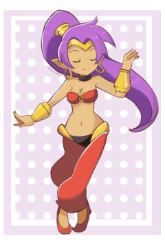 1girl arabian_clothes bandeau belly_dancing big_hair bracer chocomiru dancer dark_skin earrings harem_pants hoop_earrings jewelry o-ring o-ring_top pants pointy_ears pointy_shoes shantae shantae_(series) shoes solo tiara