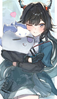 Rule 34 | 1girl, ;q, arknights, arknights: endfield, black gloves, black hair, blue eyes, blush, chen qianyu (arknights), closed mouth, commentary request, cowboy shot, dragon bean (arknights), gloves, heart, highres, holding, ling (arknights), long hair, long sleeves, multicolored eyes, one eye closed, partial commentary, shirt, skirt, smile, solo, standing, tongue, tongue out, toricky, two-tone eyes, white shirt, white skirt, yellow eyes